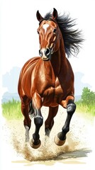 Obraz premium Majestic brown horse galloping through open fields under a clear sky during a sunny day in nature