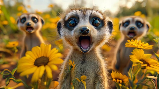 A group of adorable meerkats curiously observing their surroundings in a warm autumn setting, emphasizing wildlife and social behavior