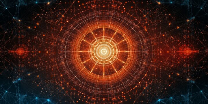 Abstract background features intricate geometric shapes and symmetrical mandala patterns in vibrant gradient colors, showcasing modern design elements and detailed textures