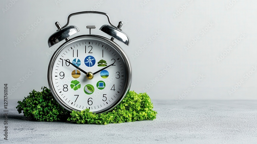Poster Time's transition a clock symbolizing change from fossil fuels nature-inspired conceptual art