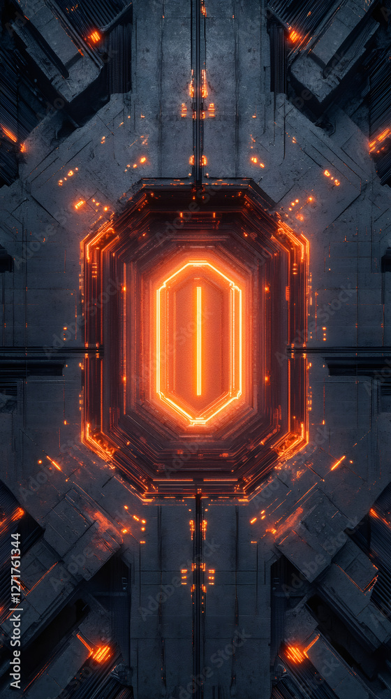 Aufkleber orange glowing portal illuminating dark metallic structure in a futuristic and technological environ