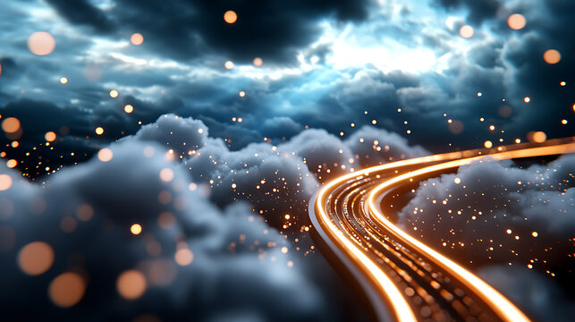 Futuristic cloud computing pathways illuminated by data lights digital landscape abstract art technology concept atmospheric view - Powered by Adobe