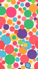 A whimsical seamless pattern of playful polka dots in a rainbow spectrum of bright, saturated colors, rendered in a flat, simple digital style, arranged in a scattered, rand.