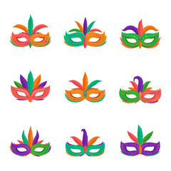 Mardi Gras festival mask set isolated on white background. Colorful festival mask collection