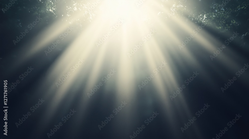 Wall mural sunlight streaming through tree branches in a serene forest setting.