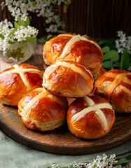 Freshly baked hot cross buns on white plate. Traditional easter food, horizontal