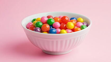 A porcelain bowl filled with multicolored hard candies, sitting on a light pink background