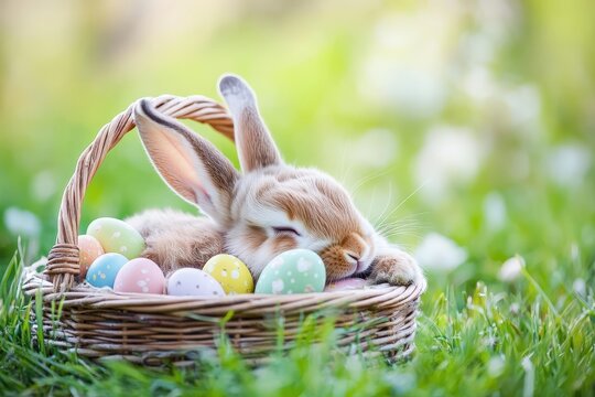 Lovely easter bunny sleeping in basket with colorful eggs in spring