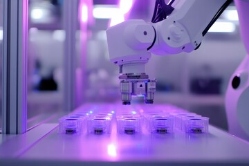 Robotic arm performing quality control with purple uv light in modern factory
