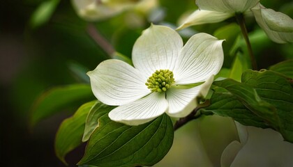 Obraz premium The camera is focusing on a white Dogwood Flower