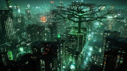 Futuristic Cityscape at Night with Glowing Green Tree