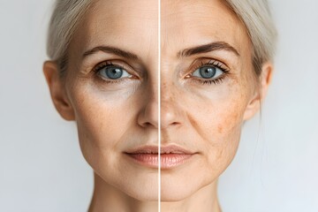Before and after skin aging comparison. Woman's face split showing youthful and mature appearance. Wrinkle removal, antiaging skincare, beauty treatment concept