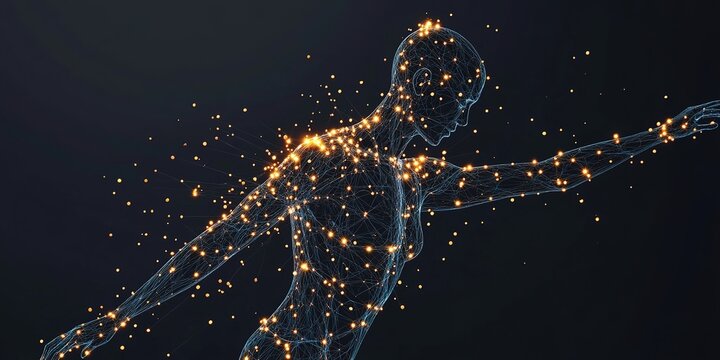 Abstract Acupuncture Silhouette: Modern Traditional Chinese Medicine Concept. Glowing Particles and Metallic Gold Accents on Matte Background. High-Contrast Design for Wellness Marketing and Healthcar