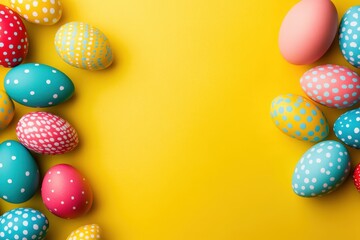 Colorful easter eggs forming a border on yellow background