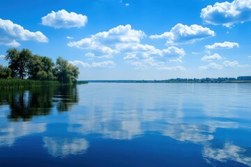 Fototapeta premium Calm river reflecting blue sky and white clouds on sunny summer day
