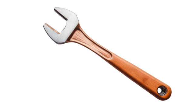 A wooden wrench is shown in a white background