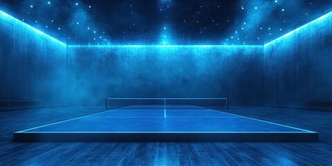 Modern blue-lit table tennis arena with atmospheric lighting and sleek design for competitive play