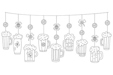 Hand drawn doodle garland for St. Patrick’s Day with black outlines. Features beer mugs, shamrocks, and coins. Ideal for coloring pages, party decorations, and craft projects