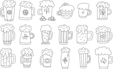 Hand drawn doodle set of beer mugs for St. Patrick’s Day. Black outline vector illustration with foamy drinks, shamrocks and decorative elements. For coloring pages, clipart, and festive projects