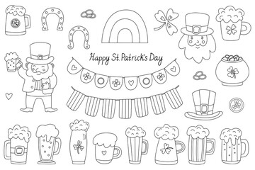 Hand drawn doodle set with black outlines for St. Patrick’s Day. Includes leprechauns, beer mugs, rainbows, shamrocks, gold coins, and garlands. Great for coloring pages, crafts and festive designs