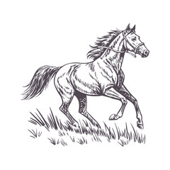 Minimalist Line Art of a Running Horse with Flowing Mane, Capturing Motion and Elegance
