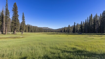 Fototapeta premium A serene green meadow with tall trees under a clear blue sky.