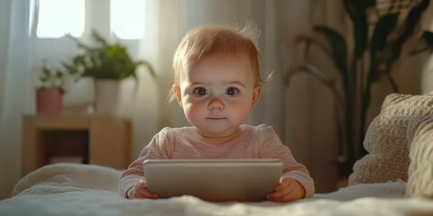 Baby focused on tablet while sitting on bed surrounded by indoor plants during morning light