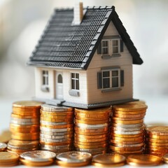 A tiny house sitting on top of a stack of coins, symbolizing saving for a home, cartoon style, transparent white background
