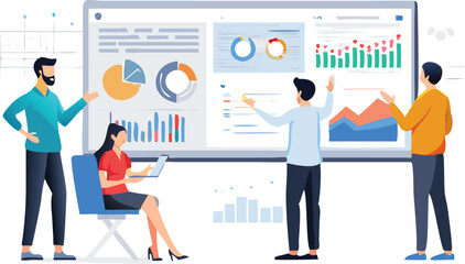 Business Team Analyzing Data Charts on Transparent Background