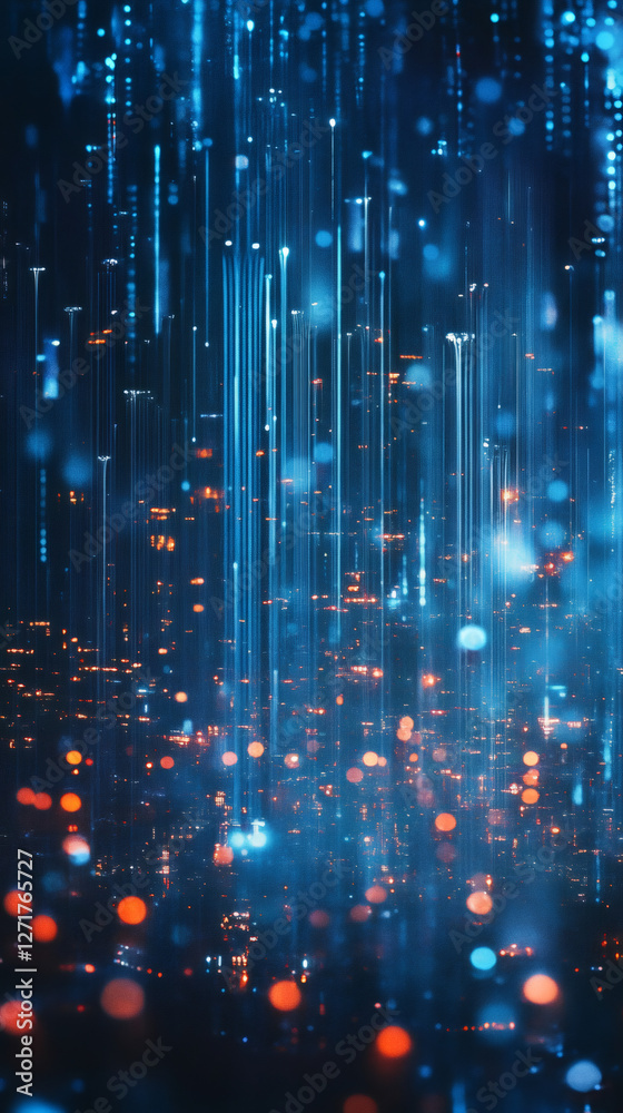 Leinwandbilder digital particles cascading in blue and orange, blending across blurred surface - representing techn