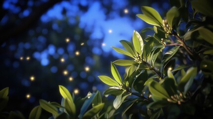 Obraz premium A close-up of vibrant green leaves illuminated by soft bokeh lights in a serene outdoor setting.