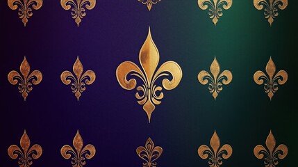 Mardi Gras - Gold Fleur - de - Lis Pattern on Gradient Purple - Green Background, Great for Wallpaper