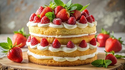 Delicious Homemade Biscuit Cake with Cream Cheese Frosting & Berries - Stock Photo