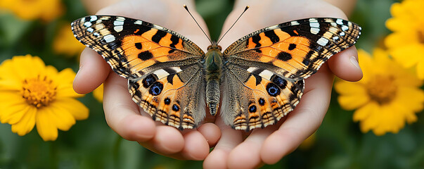 Closeup of childs hands gently holding a vibrant painted lady butterfly against a blurred background of sunny yellow flowers.