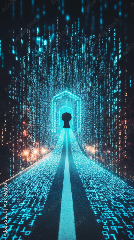 Aufkleber digital road leading to keyhole with falling binary code suggesting cybersecurity and data protectio