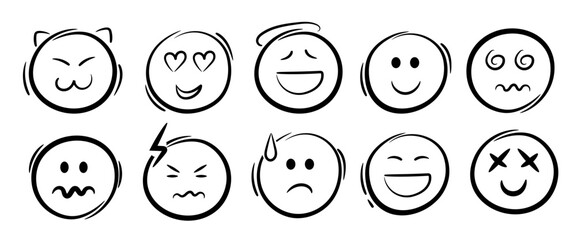Doodle emoji face icons set. Sketch style ink brush vector. Different expressions vector faces. Cat, angel, smile, in love, laughing, hypnosis, heart eyed.
