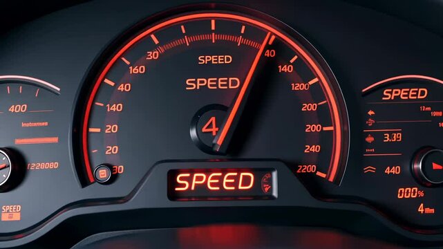 Speedometer needle skyrockets, indicating an extreme and risky condition on the road. The driver faces a potentially dangerous moment while driving