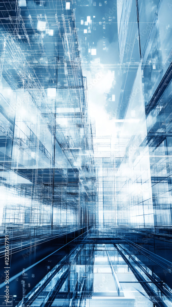 Aufkleber Digital information flows through an abstract architectural structure, creating a futuristic cityscape