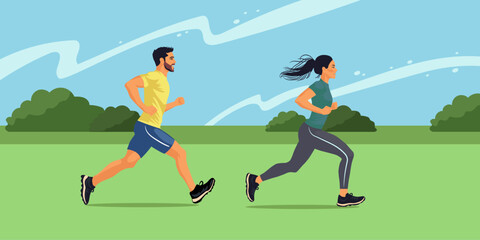 People are running marathon against the background of park and blue sky.