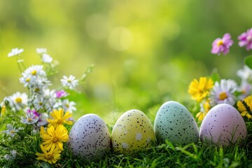 Fototapeta premium Colorful easter eggs hiding in green grass with wildflowers
