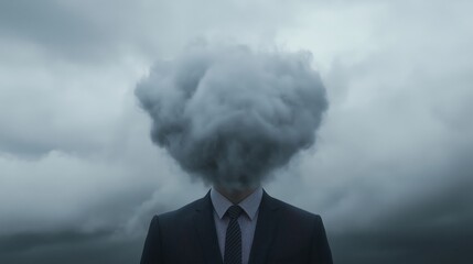 A man in a suit with a cloud for a head against a stormy sky.