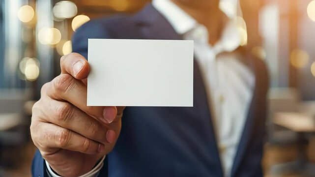 Male hand holds an empty white business card. Clean blank flyer in businessman arm. For your text. Business communication company entrepreneur concept. Man holding showing white single business card