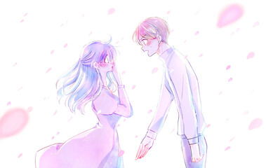 告白する男性と驚く女性　風　桜吹雪　逆光