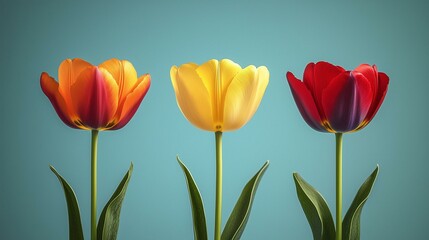Three vibrant tulips in orange yellow and red stand tall against a serene blue background