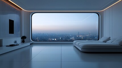 A modern and minimalist penthouse apartment featuring open concept glass walls futuristic furniture and breathtaking panoramic views of the city skyline