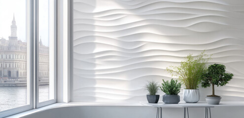 Fototapeta premium Textured white wall features wavy relief design, complemented by potted plants near a large window overlooking a serene view