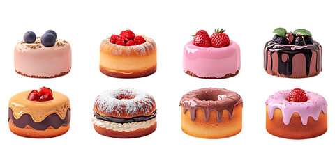 Set of 3D Kuchen PNG Against Transparent Background for Bakery Branding, Pastry Advertising, or Dessert Promotions