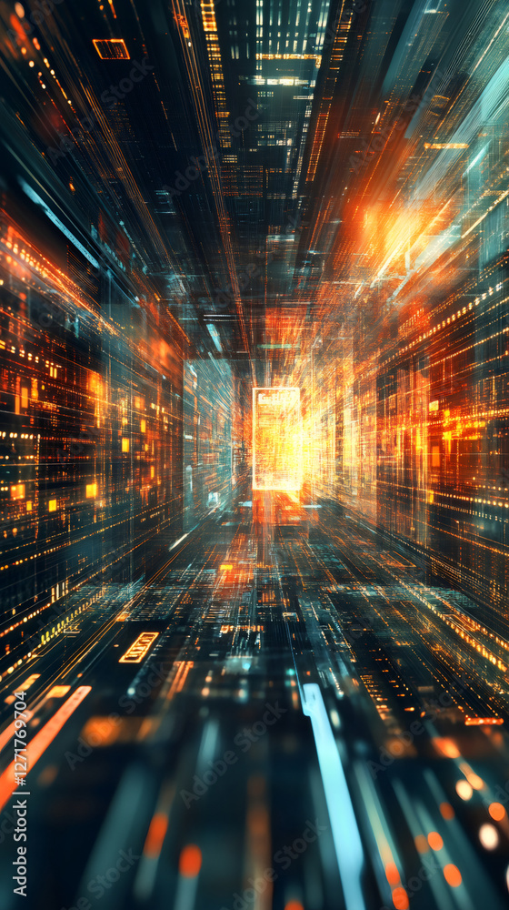 Poster Perspective view of digital information flowing through a virtual server room tunnel, transforming into binary code for data transmission