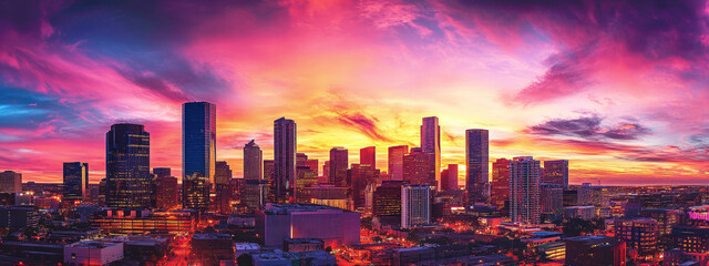 Fototapeta premium Vibrant city skyline at sunset with colorful dramatic clouds, featuring modern skyscrapers, urban architecture, and city lights, representing metropolitan life, travel and business hubs.