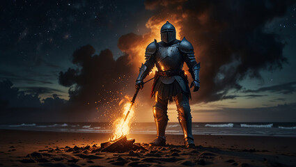 Knight in armor holding a fire torch, on the beach under the night sky full of fantasy,